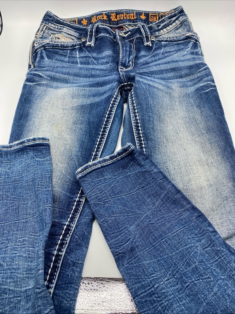 Rock Revival Rosalie Mid Rise Skinny Jeans Embellished Rhinestone Women 26 Denim